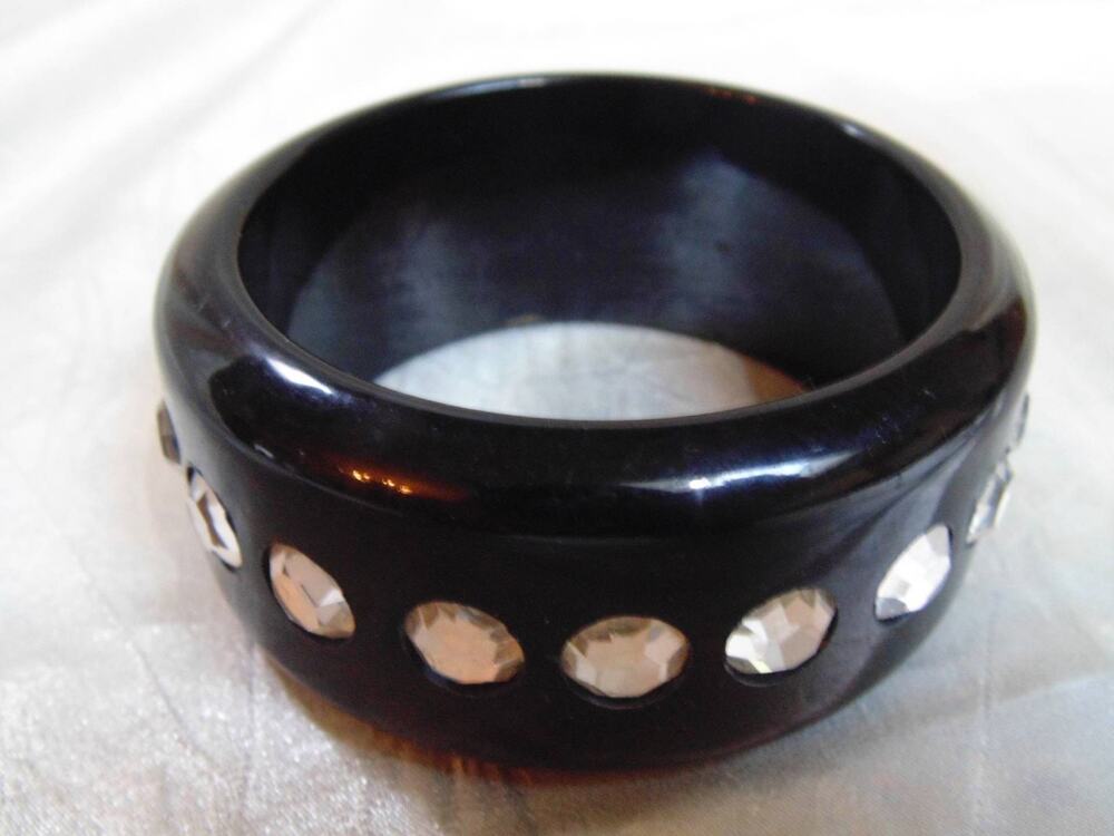 Vtg Art DECO French Lucite Black Rhinestone Haute Couture RUNWAY BANGLE Bracelet